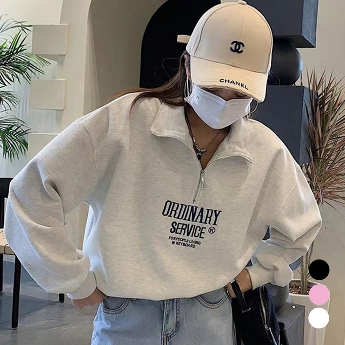 후암마켓 여성 하프집업 오디너리 자수 레터링 긴팔 맨투맨