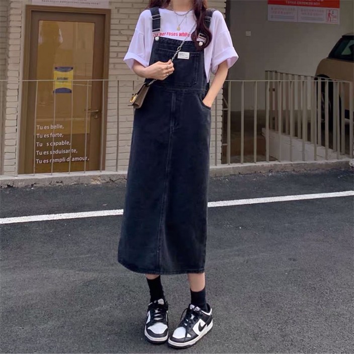 여성용 데님 멜빵 스커트 빅사이즈 박시 a라인 멜빵 원피스 뉴타임즈 F70271