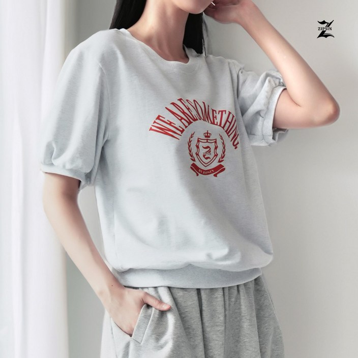 [짚신] 여성 세미크롭 라운드 맨투맨 반팔티 국내제작