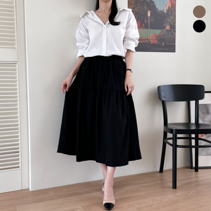 빽모아 A라인 플레어 밴딩 롱스커트