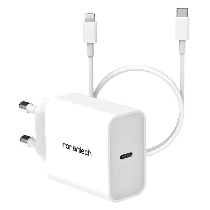 로랜텍 아이폰 20W 고속충전기 C to 8핀 고속케이블 2m 세트, 화이트, 1개 로랜텍 아이폰 20W 고속충전기 C to 8핀 고속케이블 2m 세트, 화이트, 1개