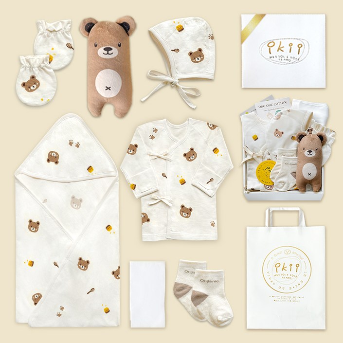 ikii 오가닉 배냇저고리 긴소매 7종 출산 선물세트 선물포장  쇼핑백