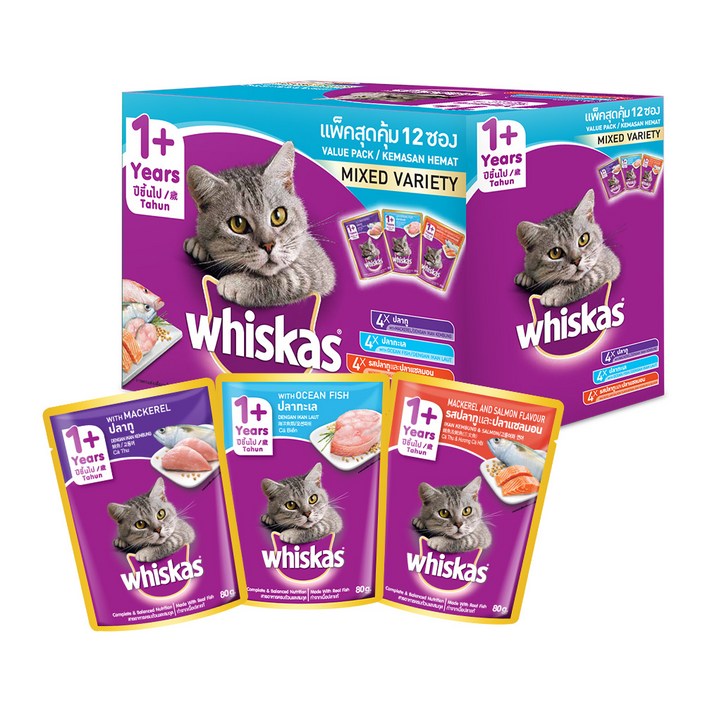 위스카스 어덜트 고양이 파우치 믹스드 버라이어티팩 습식사료 고등어 80g x 4p 오션피쉬 80g x 4p 고등어와 연어 80g x 4p