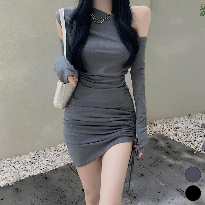비비에모 슬림 셔링 언발란스 숄더 긴팔 미니 원피스 07144