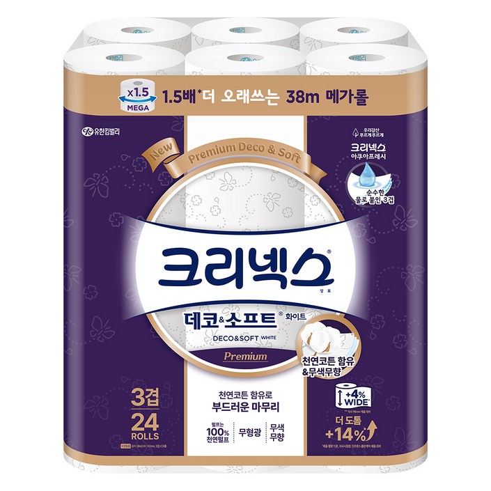 크리넥스 데코 앤 소프트 화이트 천연펄프 3겹 고급롤화장지 38m 크리넥스 데코 앤 소프트 화이트 천연펄프 3겹 고급롤화장지 38m