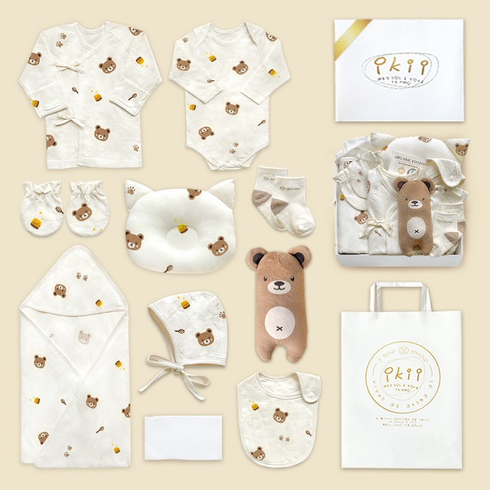 이키 유아용 오가닉 배냇저고리 긴소매 10종 출산 선물세트 선물포장  쇼핑백