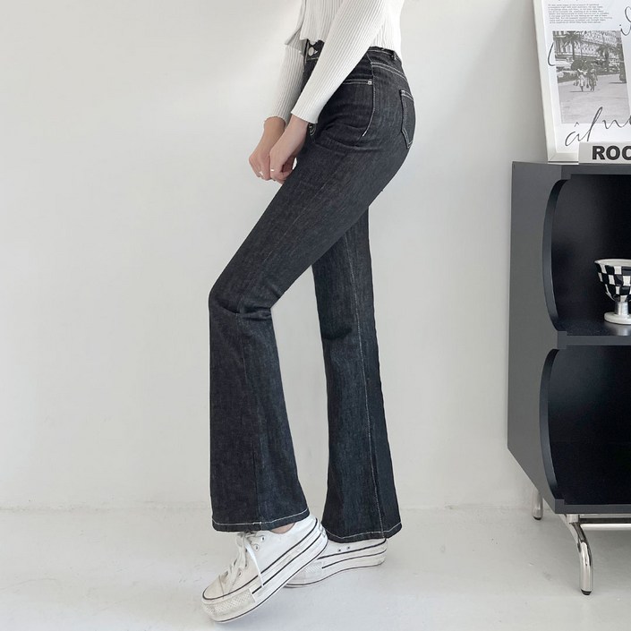 플랜데이 여성용 투버튼 논페이드 생지 스판 부츠컷 데님 롱