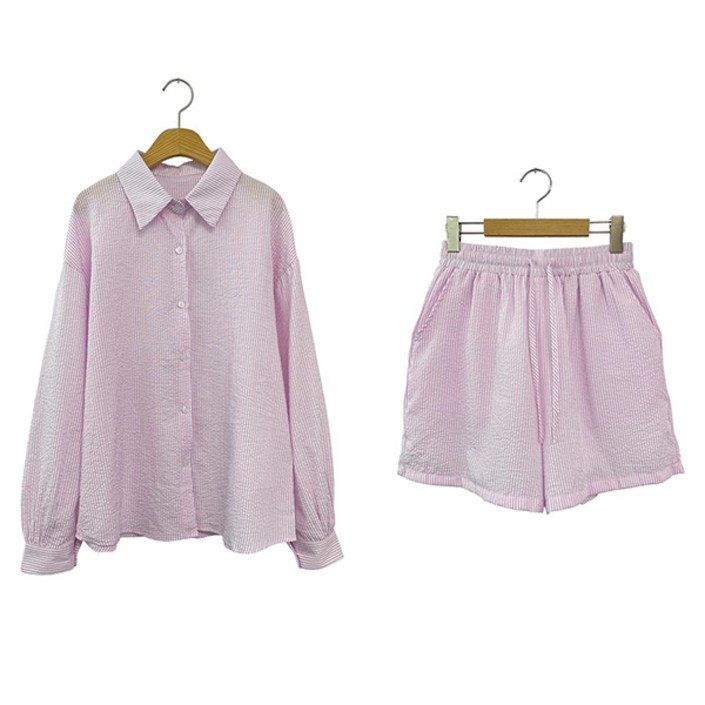 슈가펀 비크린 바스락 스트라이프 셔츠 + 반바지 세트