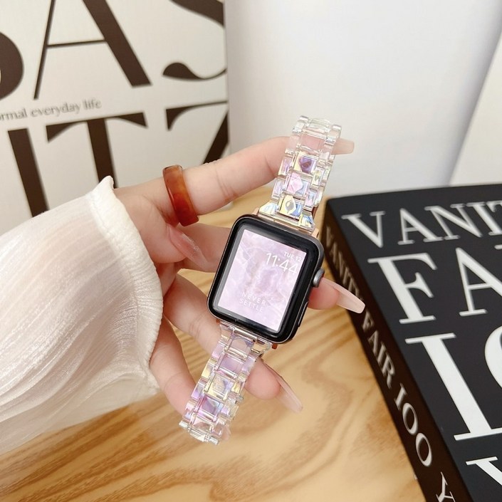 라온 애플워치 호환 스트랩 아이워치 예쁜 고급스러운 시계줄 습기차지 않는 투명 아크릴 재질, 투명 오로라, 1개