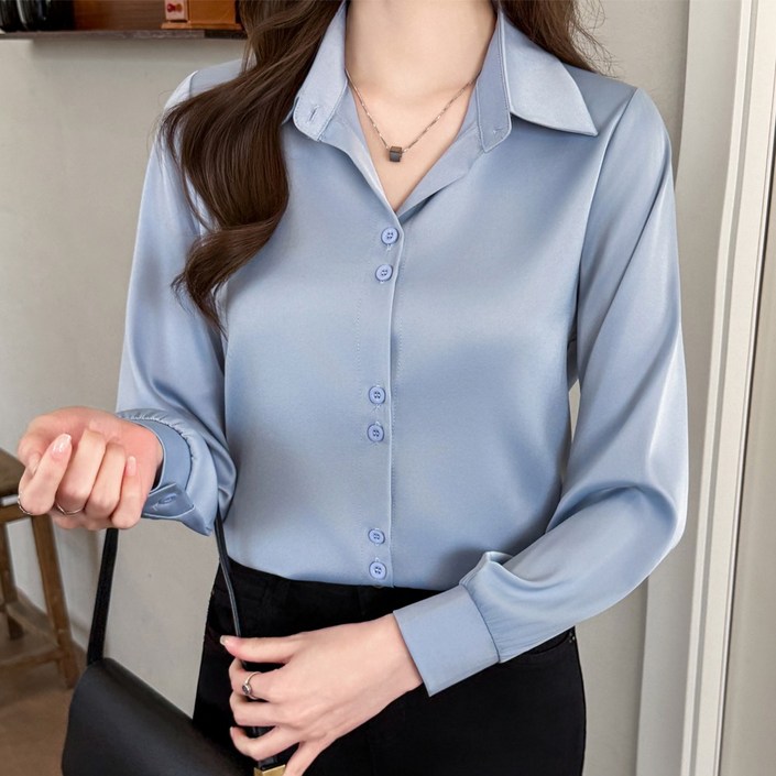 화지나무 여성 브이넥 카라 쉬폰 긴팔 셔츠 블라우스