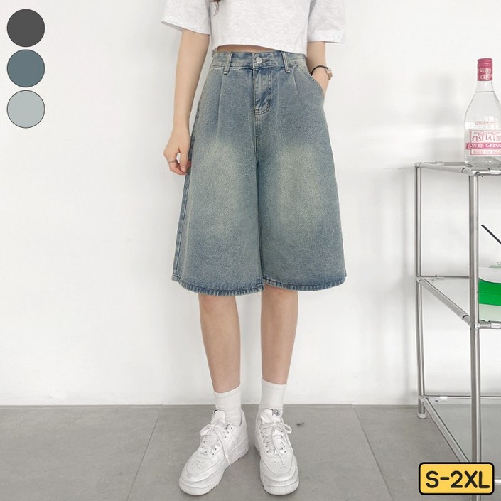 가비진 여성용 허리 조절 버뮤다 워싱 데님 팬츠 5부 청 반바지 바지