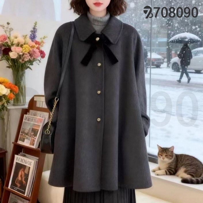 708090 여성 가을 겨울 빅사이즈 통통 리본 망토 모직 코트
