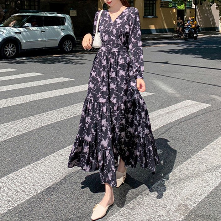 다이뻐 리틀깽스 4477 랩스타일 기하학패턴 간절기 가을 신상 퍼프소매 긴팔 A라인 쉬폰 프릴롱원피스