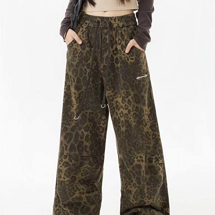 여성 캐주얼 와이드핏 레오파드 스트랩 밴딩 긴바지