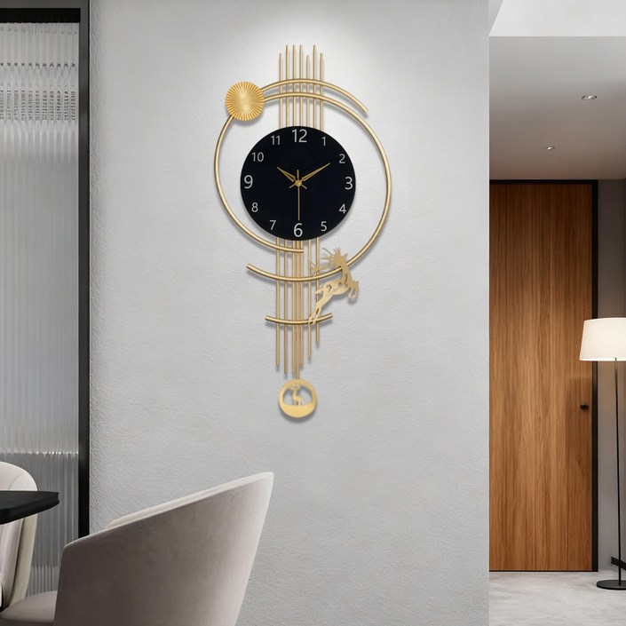 블랙&골드 골드 도금 사슴 아트 벽시계 다층 기하학 원형 프레임 팬 텍스처 장식 블랙 다이얼 골드 아라비아 숫자 무소음 무브먼트 거실 현관 연회장 장식 신중식 모던 럭셔리 인테리어, Golden