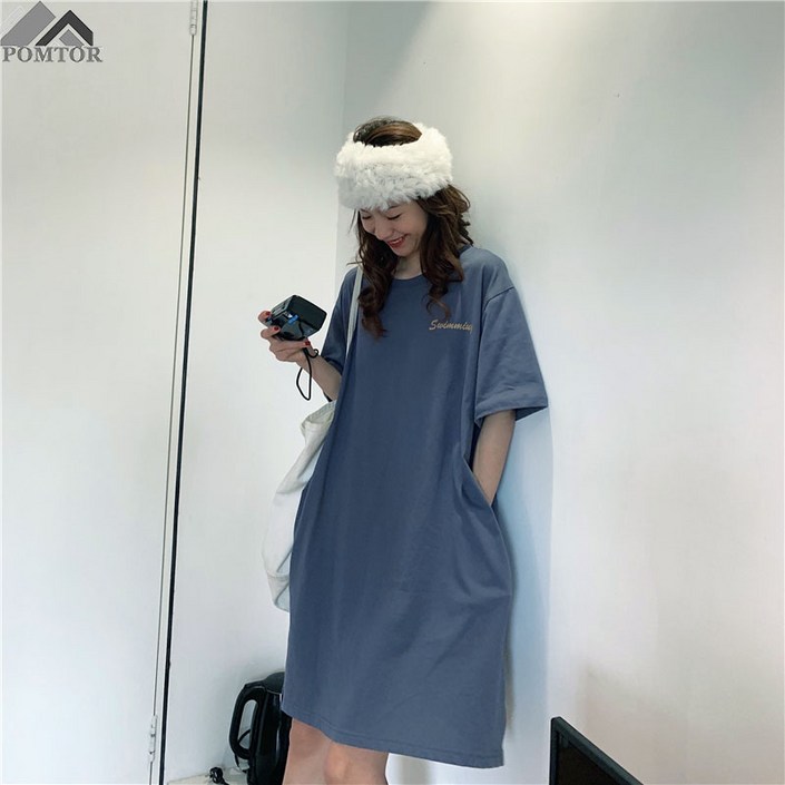 POMTOR 여성 미니원피스 라운드넥 여름 포켓 원피스 반팔 셔츠 치마
