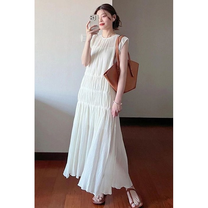 싱싱덴덩 여성 여름 원피스  루즈핏 라운드넥 A라인 치맛자락 셔링 디자인 롱원피스
