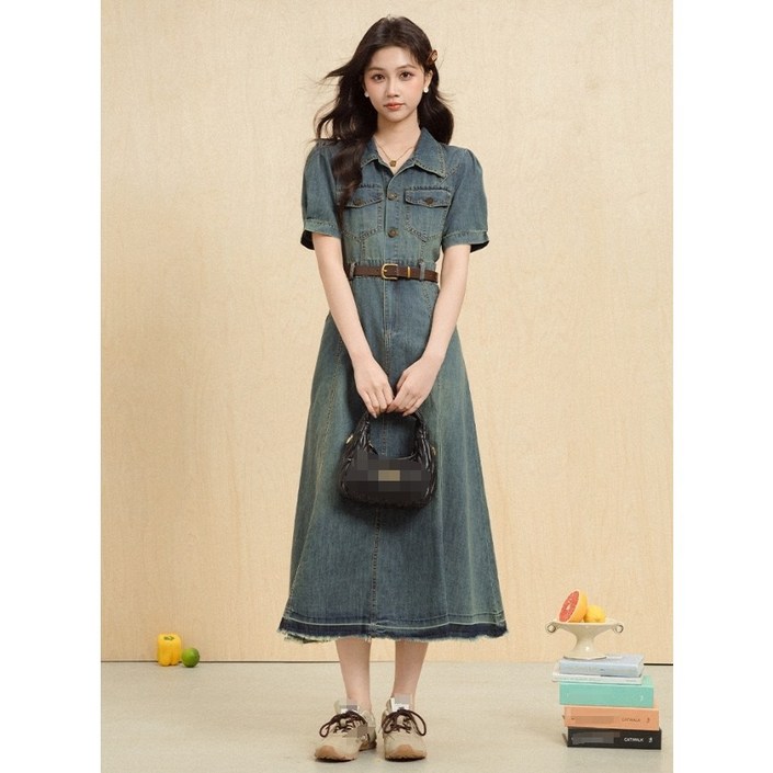 옷깔난다 모던 카라 A라인 데님 원피스 롱기장 반팔 청원피스 벨트 포함 라리즈원피스