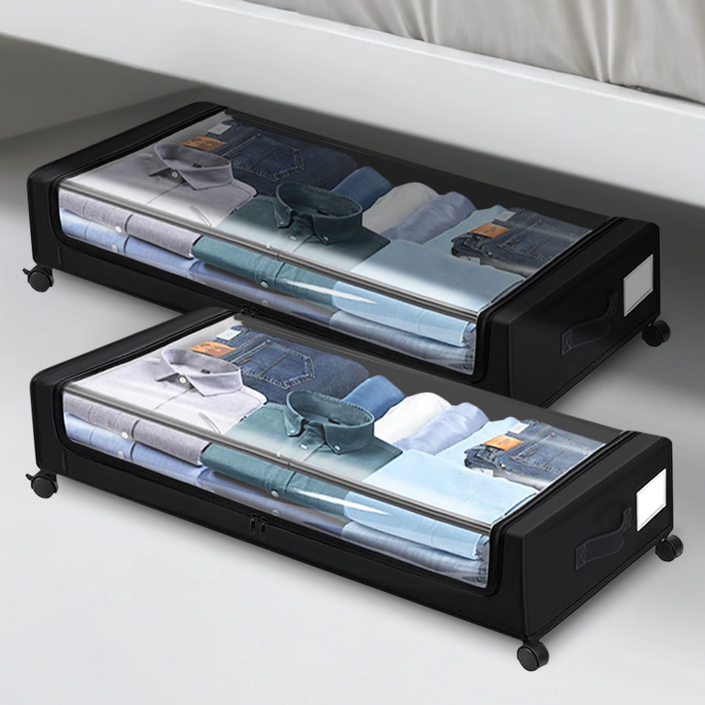 Yopence 침대밑 리빙박스 지퍼형 옷정리 수납함 바퀴달린 틈새 수납함 먼지방지, 2개, 블랙