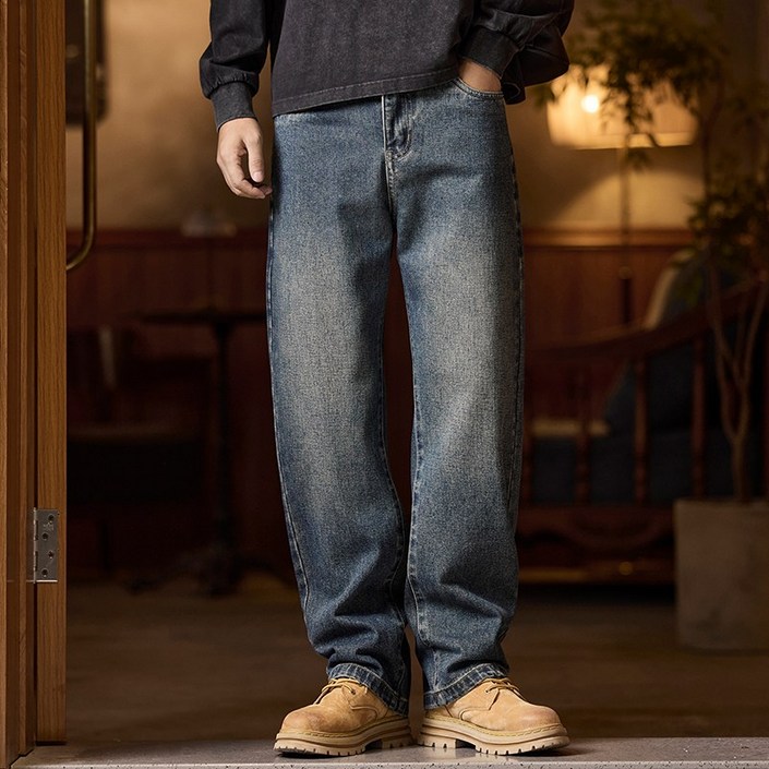 남성 배기 스트레이트 청바지 겨울 빅사이즈 캐주얼 데님 워싱 빈티지 블루