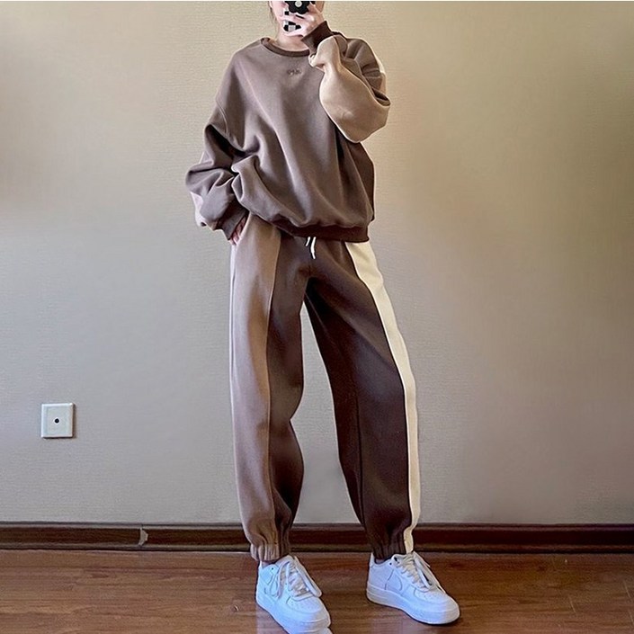 POMTOR 봄 가을 여성용 트레이닝세트 오버핏 배색 맨투맨 조거팬츠 운동복 상하세트 빅 사이즈