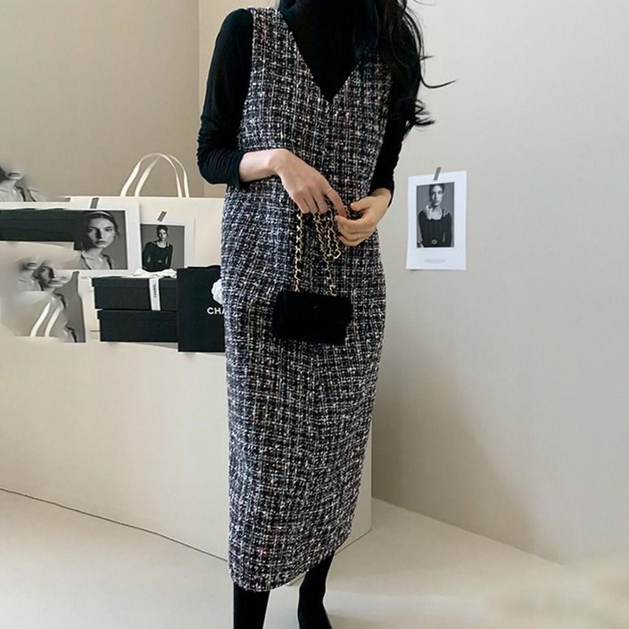 ORZQU 여성 트위드 민소매 롱 원피스 고급 우아한 원피스