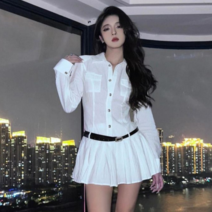 besteffie 여성 봄 가을 클래식 베이직 긴팔 셔츠 원피스 세련된 스타일 a라인 여자 캐주얼 학원풍 미니 원피스 Q58