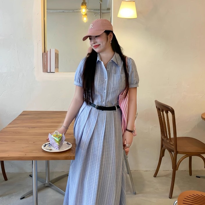 크레스티 여성 스트라이프 슬림핏 롱 원피스 캐주얼 벨트 셔츠 스커트