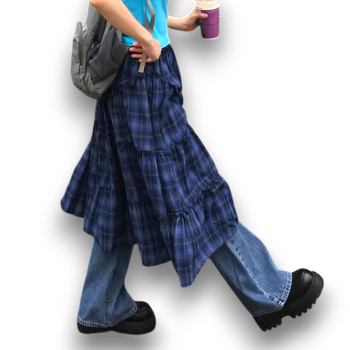 아비토브랜드 2025 여성 체크 밴딩 롱스커트 레이어드룩