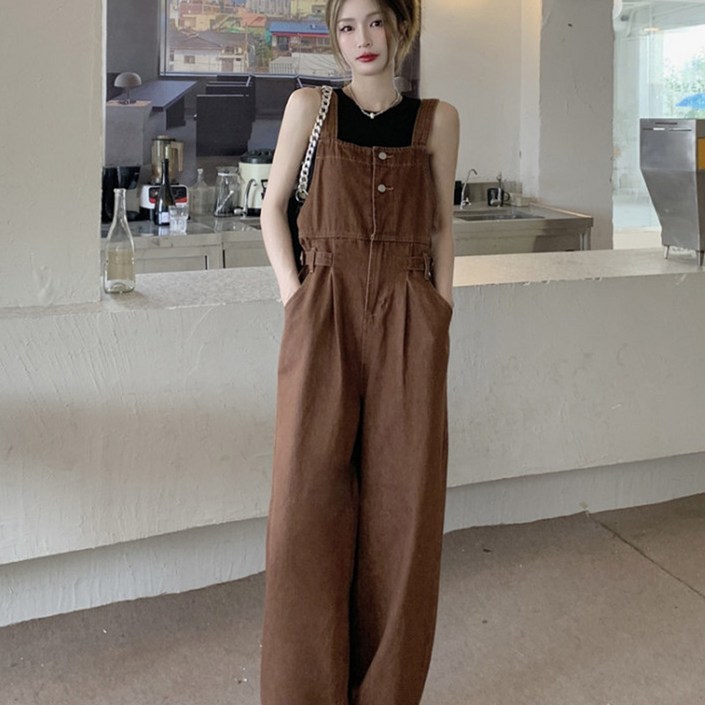 여성 순색 멜빵 바지 데님팬츠 사계절 오버핏 점프슈트 앞단추 허리 조절수 있는 청바지