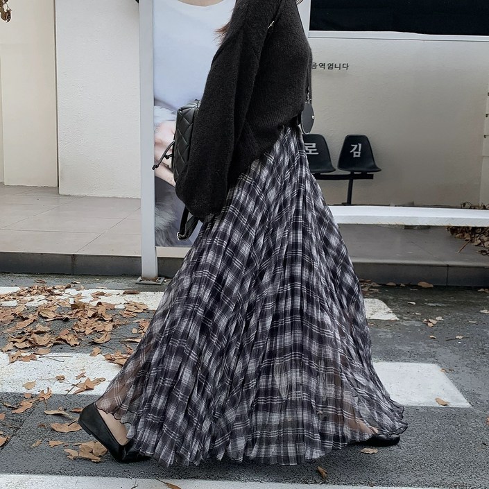 와이와이YY 쉬폰 플레어 체크 스커트
