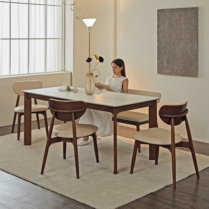 웰퍼니쳐 소아베 포세린 세라믹 천연원목식탁 1400 의자세트