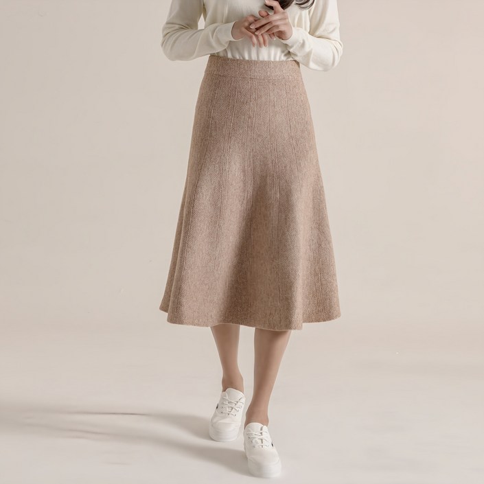 젬블링 A라인 플레어 밴딩 미디 롱 니트 스커트