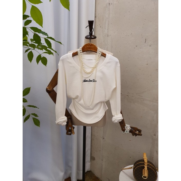 가을신상 무배 도레 자수 스판 라운드 밑단 굴림 티셔츠