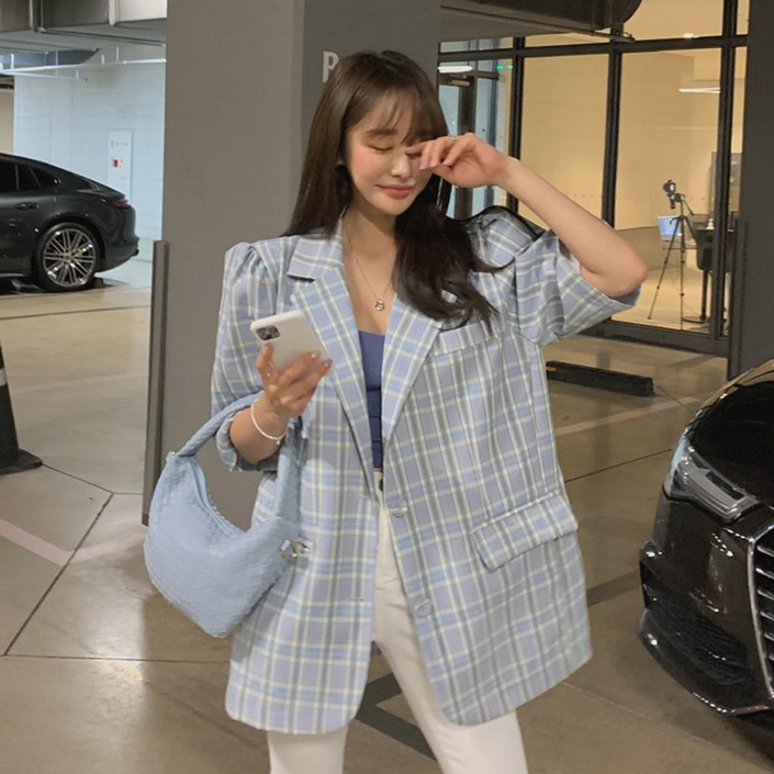 디보아 체크 퍼프 자켓