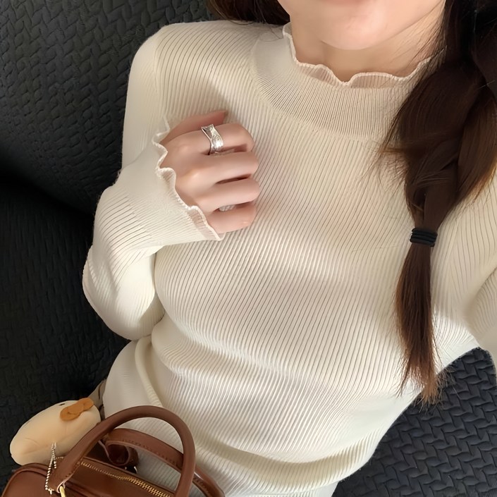 앨오앤지 여성 니트 레이스 반폴라 티셔츠