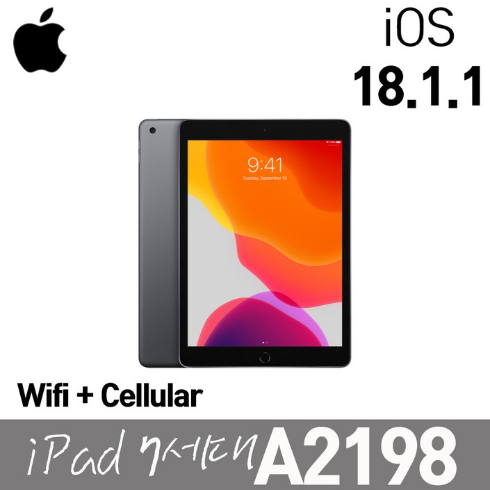 애플 아이패드 7세대 A2198 Wifi+LTE 셀룰러 32G IOS18.1.1 10.2인치 스페이스그레이, Wi-Fi+Cellular, 32GB, 스페이스그레이