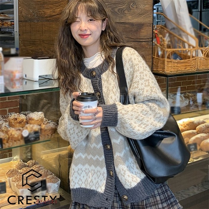 크레스티 여성 추동 빈티지 니트 코트 오버핏 데일리 가디건
