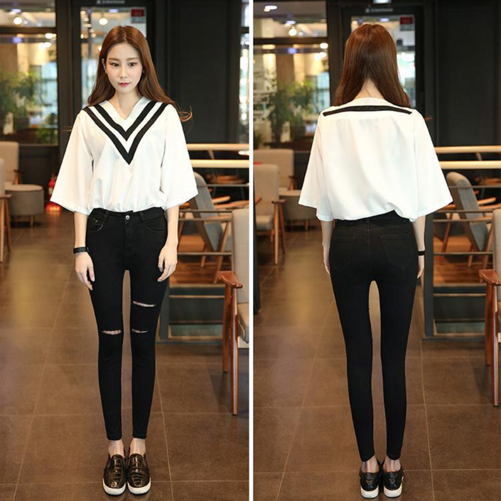 찢어진 9부 데님 팬츠 엘라스틱 슬림핏 스키니 진