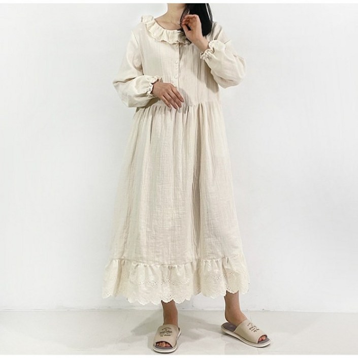 레이스 카라 원피스 드레스 도톰 순면 롱 빅사이즈 루즈핏 로미 자체제작 국내생산