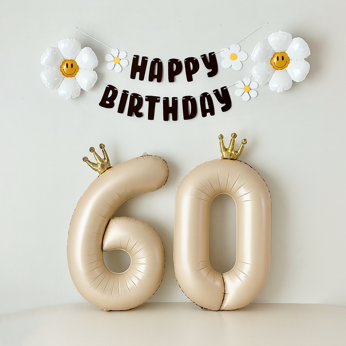 해피제이니 환갑이벤트 데이지 숫자풍선 환갑 칠순 생일 파티용품 세트, 1세트, 베이지왕관60