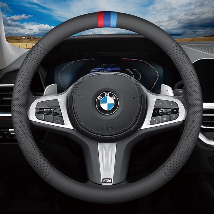 로드블레스 자동차 타공 핸들커버 논슬립 나파 가죽 38mm 차량 공용, A타입 하프타공 삼색포인트 핸들커버