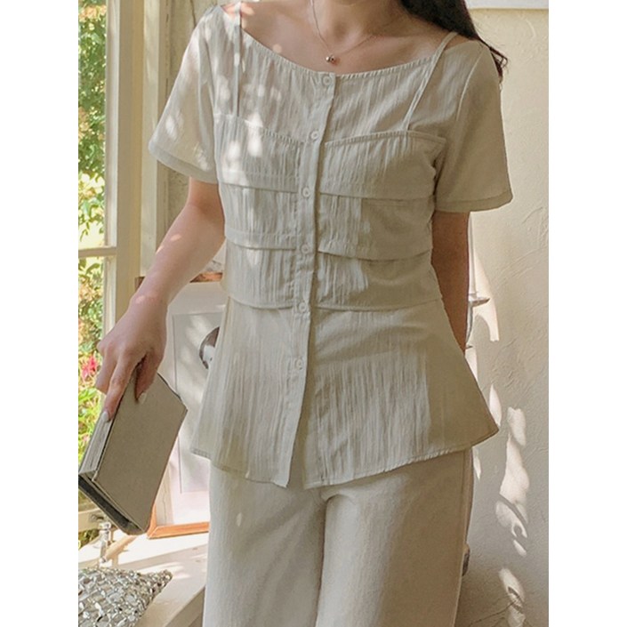 리리앤코 덴크아딘 바스락 링클 핀턱 반팔 블라우스 끈조절
