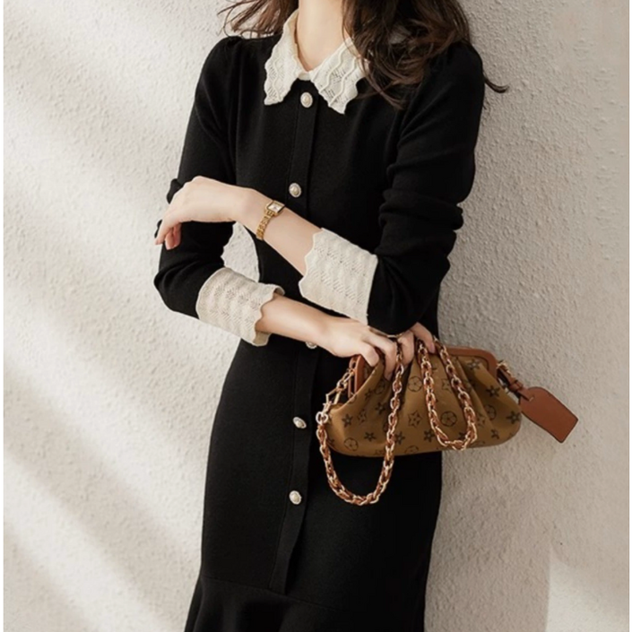 FINE ART 여성 고급 빈티지 원피스 캐주얼 니트 미디 원피스 봄 가을 간절기