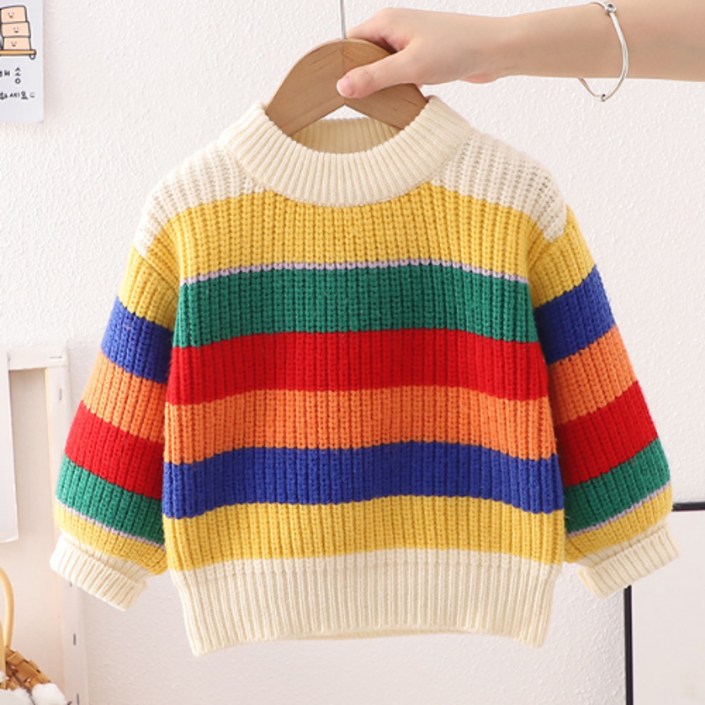 뉴칼라무지개니트스웨터 남아 여아 봄가을 긴팔 아동티셔츠 스타일 데일리룩 키즈티 편한 베이직