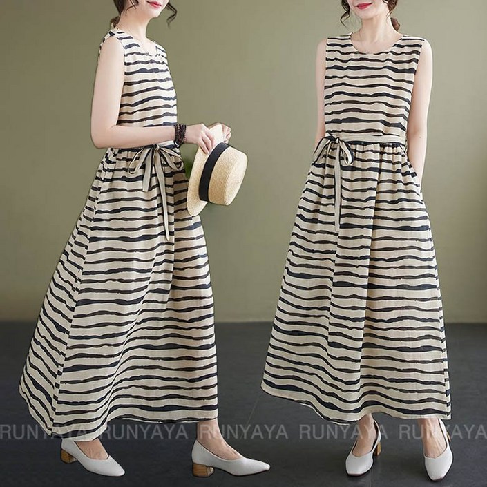 라운드넷 민소매 루즈핏 롱 원피스 여름 여성 원피스 캐주얼 비치 나시원피스  D99U