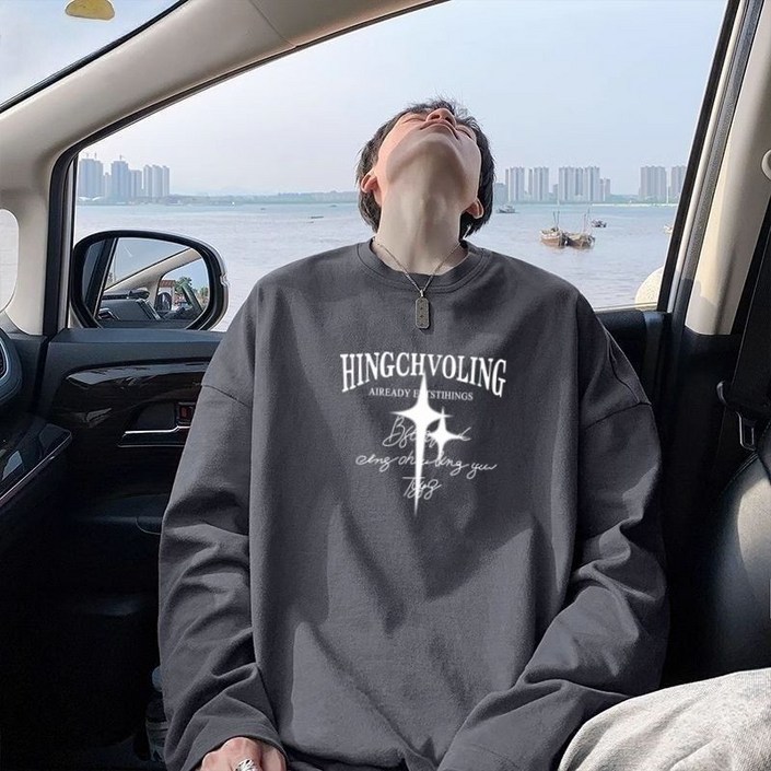 ANYOU 남성 춘추 라운드 맨투맨 긴팔 티셔츠 나염 루즈핏