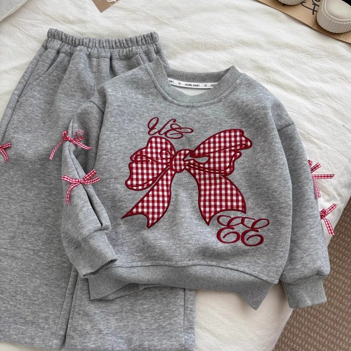 ZPEIZ 봄 가을 여아 초등 학생 상하복 세트 리본 맨투맨 팬츠 세트