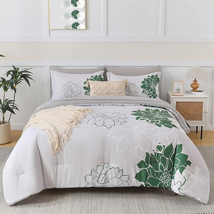 엘르윈스 킹 사이즈 이불 세트 가방에 7개 침대, 퍼플 화이트 모던 우아한 플로럴 패턴 그레이 침구 세트, 시트 세트가 있는 소프트 마이크로파이버 이불, 올 시즌 침대 세트(퍼플