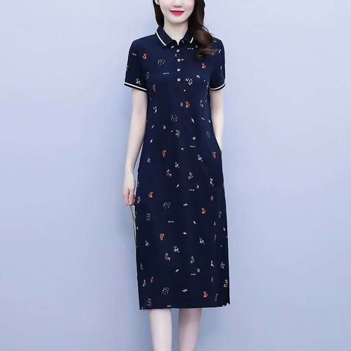 ROYALBELLE 여성 슬림핏 카라넥 프린팅 트임 미디 면 원피스 A0041731